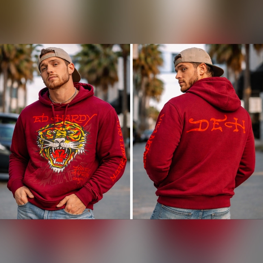 NWT Ed Hardy Tiger Graphic Hoodie Men’s Red Burgundy Streetwear Y2K Pullover